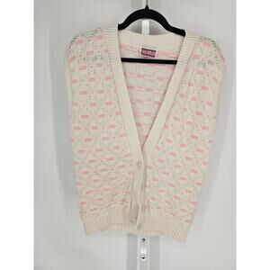 Vtg 1980s Womens Sz L Oversized Knit Cardigan Vest Pink Cream Cottagecore